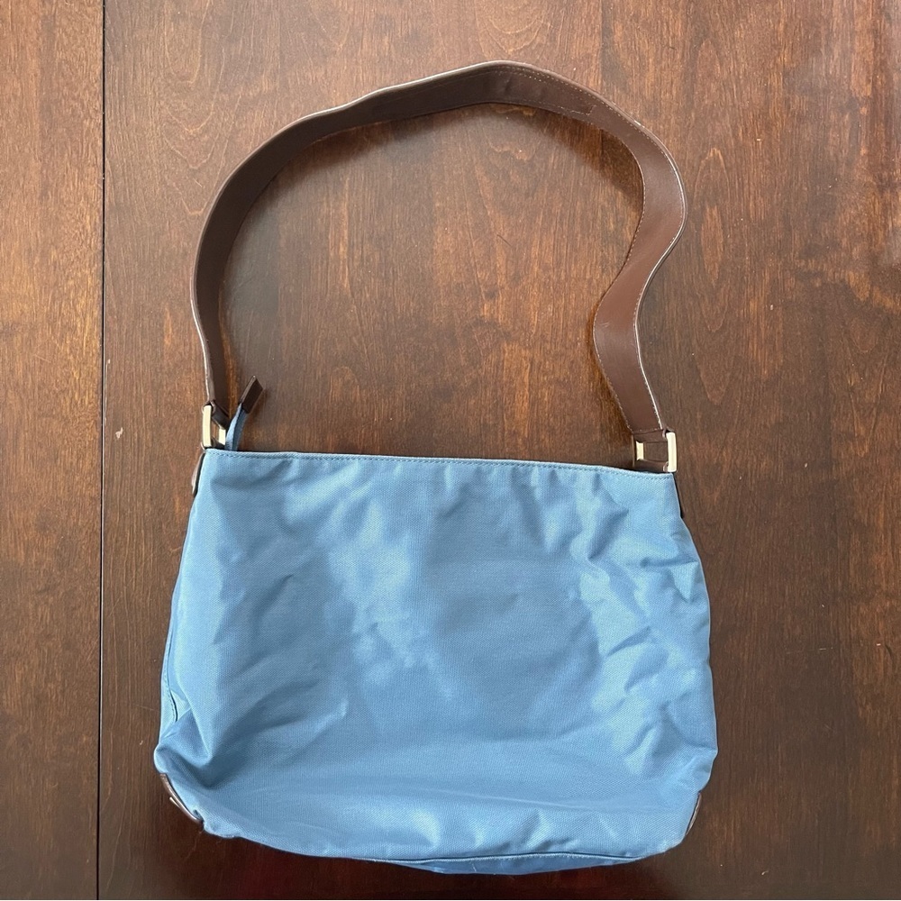TUMI Nylon and Leather Shoulder Bag Light Blue Brown